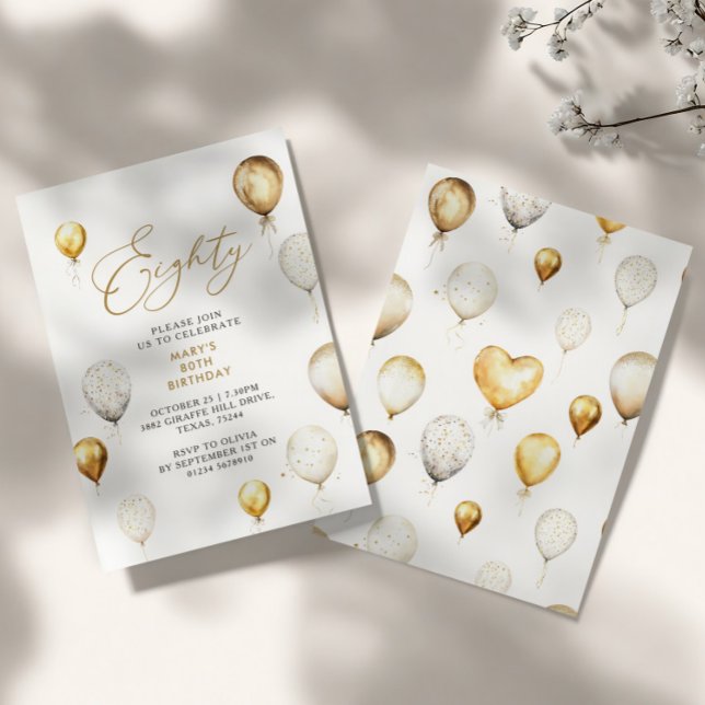 Elegant Gold Balloon 80th Birthday Party Invitation (Creator Uploaded)