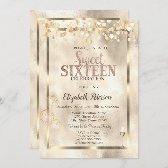 Elegant Gold Balloons Frame Sweet 16 Invitation (Front/Back)