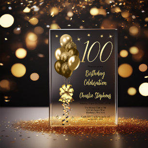 Elegant Gold Balloons on Black 100 Birthday Party Acrylic Invitations