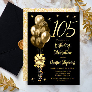 Elegant Gold Balloons on Black 105 Birthday Party Invitation
