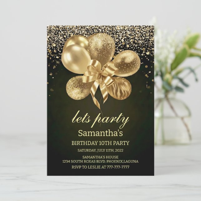 Elegant Gold Balloons on Black 10th Birthday Party Invitation (Standing Front)