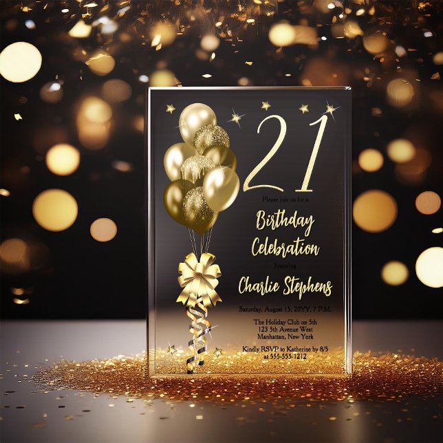 Elegant Gold Balloons on Black 21st Birthday Party Acrylic Invitations (Elegant Faux Gold Glitter Accented Balloons on Fade to Black Backing 21st Birthday Acrylic Invite)