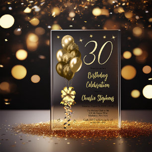 Elegant Gold Balloons on Black 30th Birthday Party Acrylic Invitations