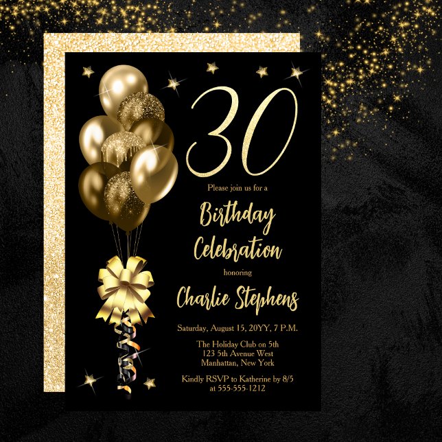 Elegant Gold Balloons on Black 30th Birthday Party Invitation (Elegant Gold-Toned Balloons on Black 30th Birthday Party Invitation)