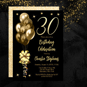 Elegant Gold Balloons on Black 30th Birthday Party Invitation