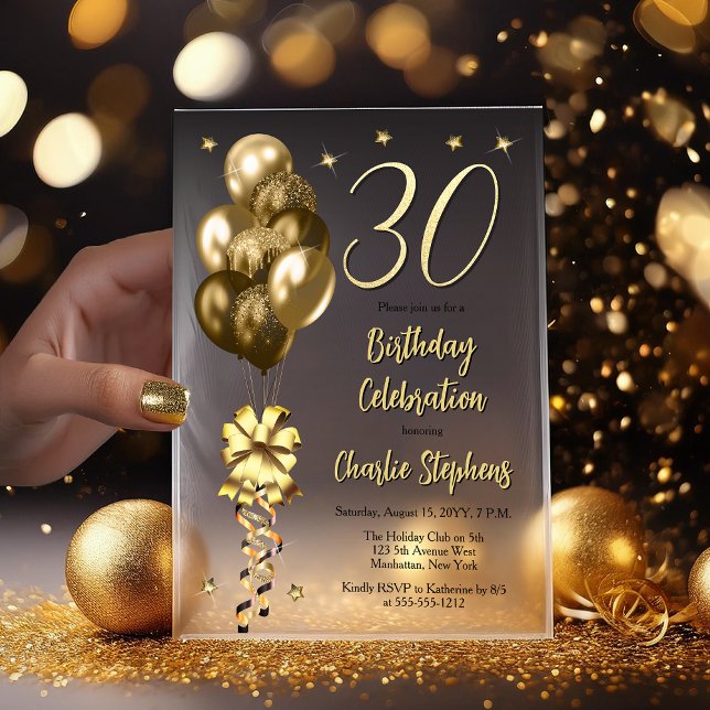 Elegant Gold Balloons on Black 30th Birthday Party Vellum Invitations (Elegant Faux Gold Glitter Accented Balloons on Fade to Black Backing 30th Birthday Vellum Invitation)