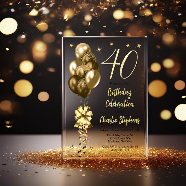 Elegant Gold Balloons on Black 40th Birthday Party Acrylic Invitations (Elegant Faux Gold Glitter Accented Balloons on Fade to Black Backing 40th Birthday Acrylic Invite)