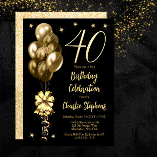 Elegant Gold Balloons on Black 40th Birthday Party Invitation