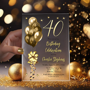 Elegant Gold Balloons on Black 40th Birthday Party Vellum Invitations