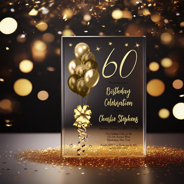 Elegant Gold Balloons on Black 60th Birthday Party Acrylic Invitations (Elegant Faux Gold Glitter Accented Balloons on Fade to Black Backing 60th Birthday Acrylic Invite)