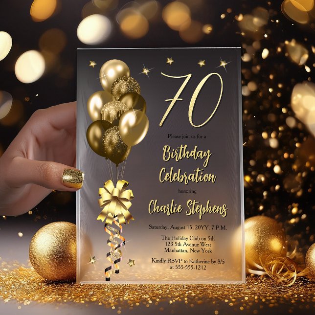 Elegant Gold Balloons on Black 70th Birthday Party Vellum Invitations (Elegant Faux Gold Glitter Accented Balloons on Fade to Black Backing 70th Birthday Vellum Invitation)