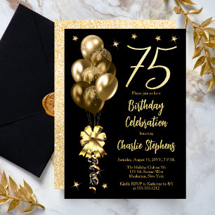 Elegant Gold Balloons on Black 75th Birthday Party Invitation