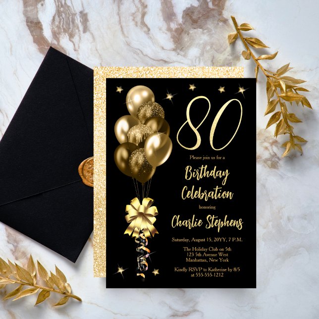 Elegant Gold Balloons on Black 80th Birthday Party Invitation (Elegant Gold-Toned Balloons on Black 80th Birthday Party Invitation)