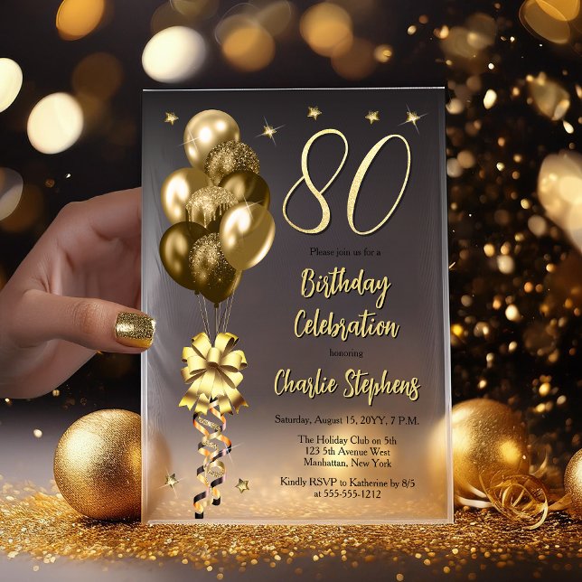 Elegant Gold Balloons on Black 80th Birthday Party Vellum Invitations (Elegant Faux Gold Glitter Accented Balloons on Fade to Black Backing 80th Birthday Vellum Invitation)