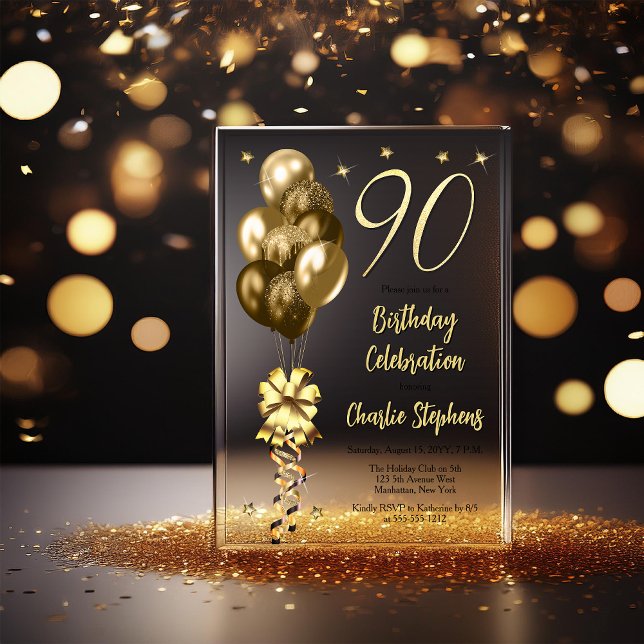 Elegant Gold Balloons on Black 90th Birthday Party Acrylic Invitations (Elegant Faux Gold Glitter Accented Balloons on Fade to Black Backing 90th Birthday Acrylic Invite)
