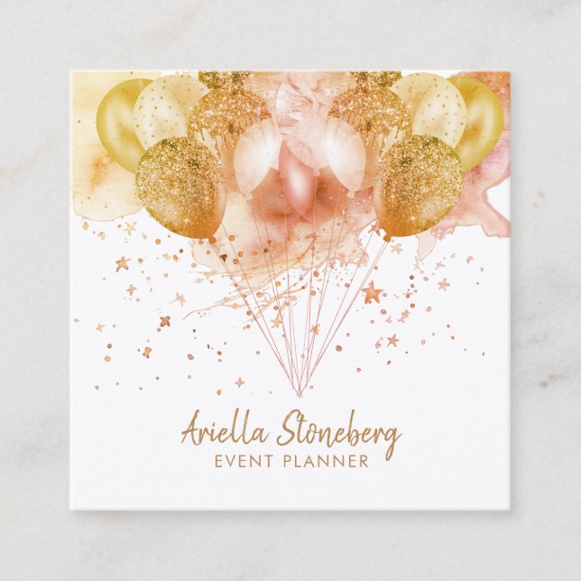 Elegant Gold Balloons Stars Event Planner Square Business Card (Front)