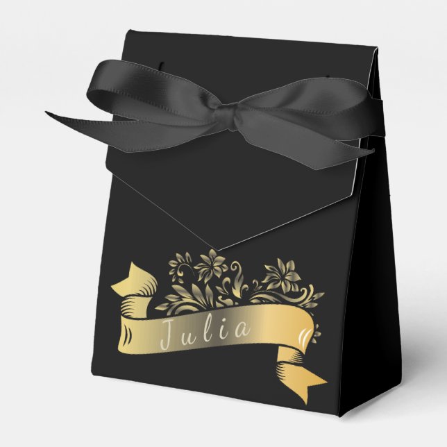 Elegant Gold Banner Black Favour Boxes (Front Side)