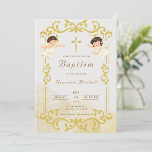 Elegant Gold Baptism Invitation with Angels & Cros