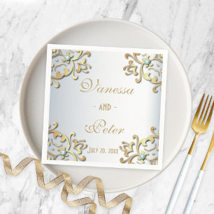 Elegant Gold Baroque Border On Silver Wedding Napkin