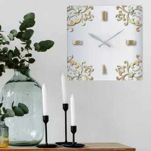Elegant Gold Baroque Filigree Border On Silver  Square Wall Clock