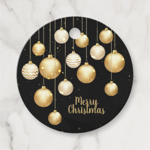 Elegant Gold Baubles Christmas Ornaments on Black Favour Tags