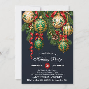 Elegant Gold Baubles Christmas Tree Party Invitation
