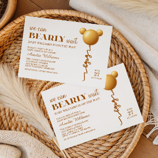 Elegant Gold Bear Balloon Bearly Wait Neutral Invitation