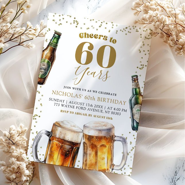 Elegant Gold Beer Cheers to Adult 60th Birthday Invitation (Creator Uploaded)