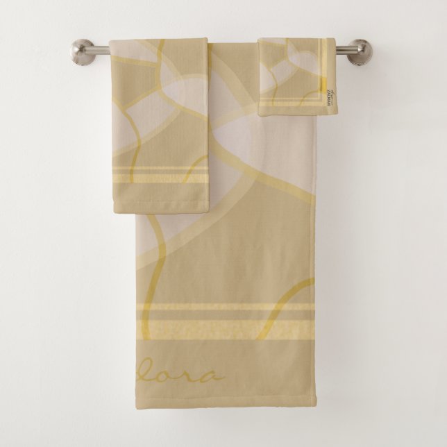Elegant Gold Beige Abstract Floral Pattern Bath Towel Set (Insitu)