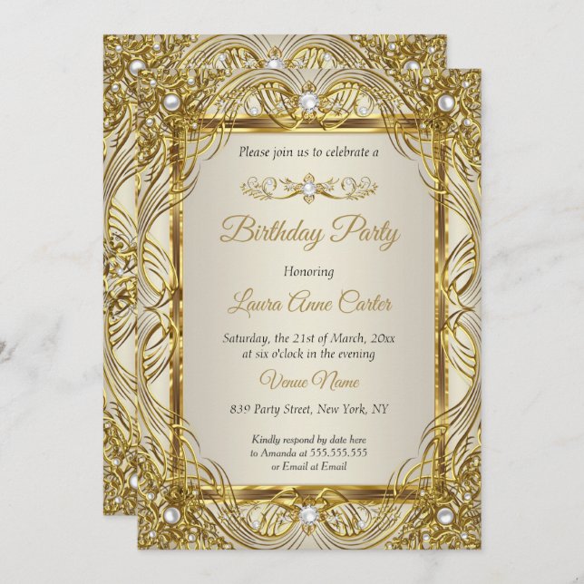 Elegant Gold beige Cream Pearl Damask party Invitation (Front/Back)