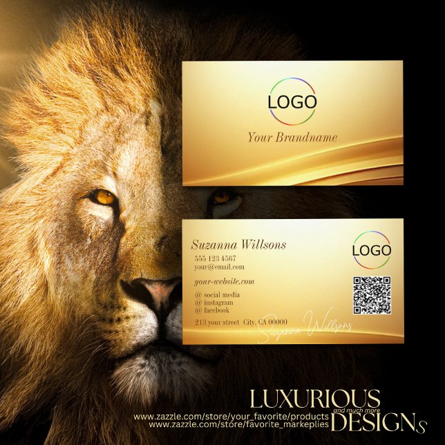 Elegant Gold Beige Curve Decor with Logo QR Code Business Card (Creator Uploaded)