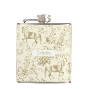 Elegant Gold Beige Equestrian Floral Toile Name Hip Flask
