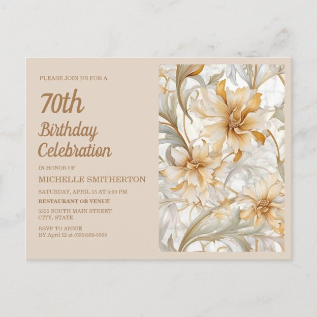 Elegant Gold Beige Floral 70th Birthday Invitation Postcard (Front)