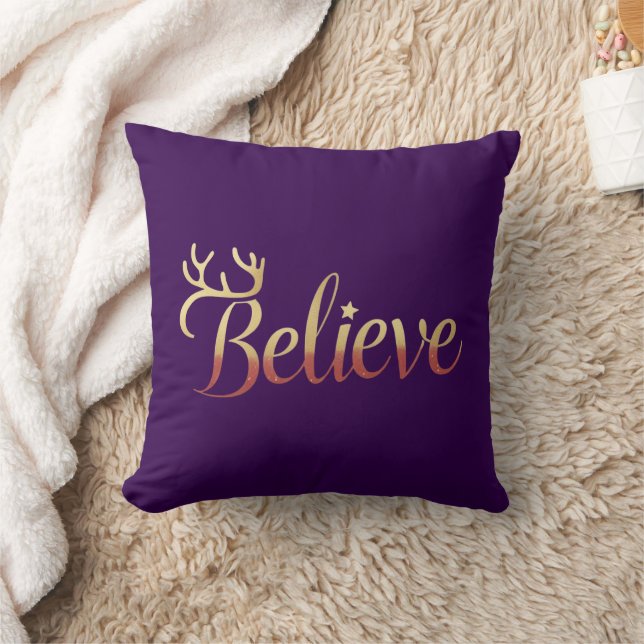 Elegant Gold Believe Antler Christmas Accent Cushion (Blanket)