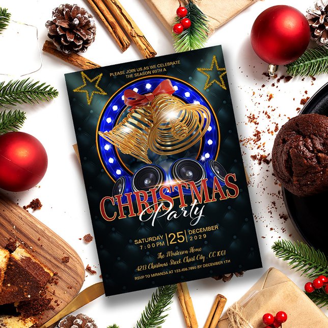 Elegant Gold Bells and Gold Stars Christmas Invitation (Creator Uploaded)