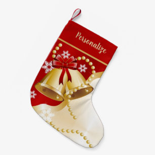 Elegant Gold Bells & Pearls Christmas Holiday Small Christmas Stocking