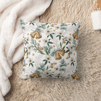 Elegant Gold Bells & White Winter Floral Pattern Cushion