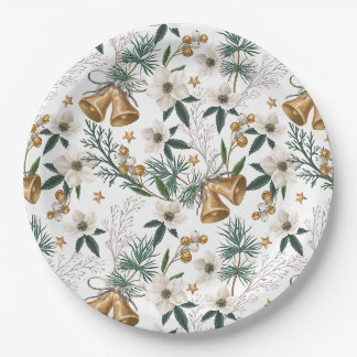 Elegant Gold Bells & White Winter Floral Pattern Paper Plate