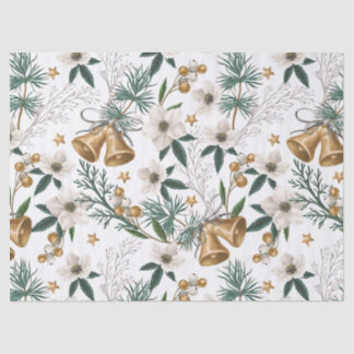 Elegant Gold Bells & White Winter Floral Pattern Tissue Paper