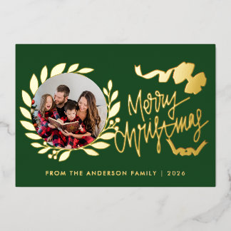 Elegant Gold Berry Leaves 2 Photo Merry Christmas Foil Holiday Card