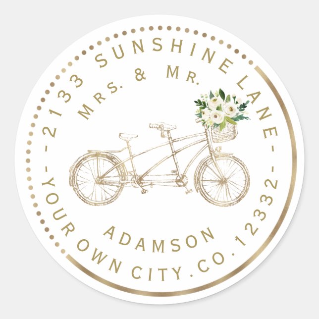 Elegant Gold Bicycle Floral Circular Address Label (Front)