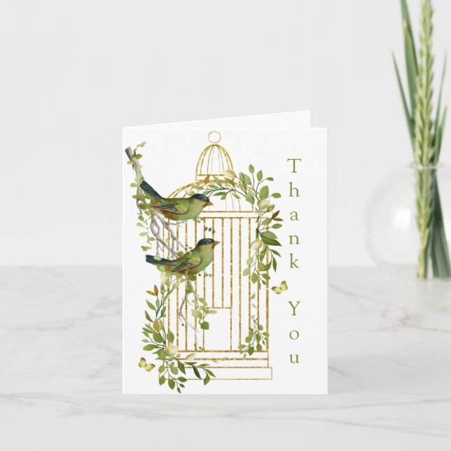Elegant Gold Bird Cage with Birds on a Branch Thank You Card (Front)