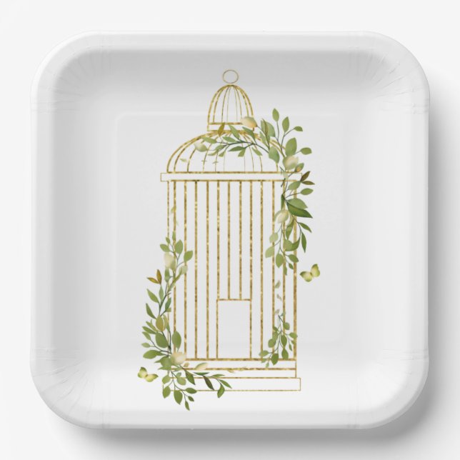 Elegant Gold Bird Cage with Foliage Paper Plate (Front)