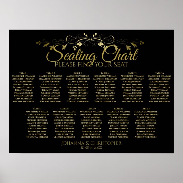 Elegant Gold Black 11 Table Wedding Seating Chart (Front)