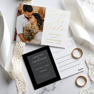Elegant Gold & Black 1 Photo Save the Date Foil Holiday Postcard