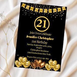 Elegant Gold & Black 21st Birthday Invitations 