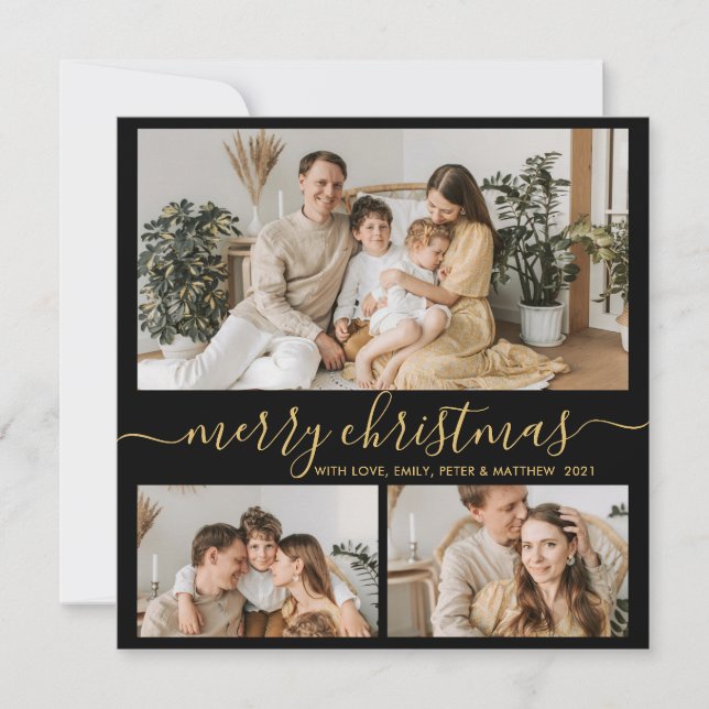 Elegant Gold Black 3 Photo Collage Christmas Holiday Card (Front)