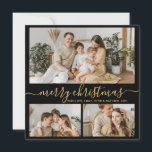 Elegant Gold Black 3 Photo Collage Christmas Holiday Card<br><div class="desc">Elegant Calligraphy Minimalist Gold and Black 3 Photo Collage Merry Christmas Script Holiday Card. This festive, minimal three (3) photo holiday card template features a nice photo collage and says „Merry Christmas”! The „Merry Christmas” greeting text is written in a pretty hand lettered swirly swash-tail font in gold on black...</div>