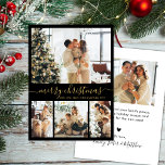 Elegant Gold Black 4 Photo Collage Christmas Holiday Card<br><div class="desc">Minimalist, Elegant Calligraphy 4 Photo Collage Merry Christmas Script Holiday Card in Black and Gold. This festive, simple four (4) photo holiday card template feature a pretty grid photo collage and says „Merry Christmas”! The „Merry Christmas” greeting text is written in a beautiful hand lettered swirly swash-tail font type. On...</div>