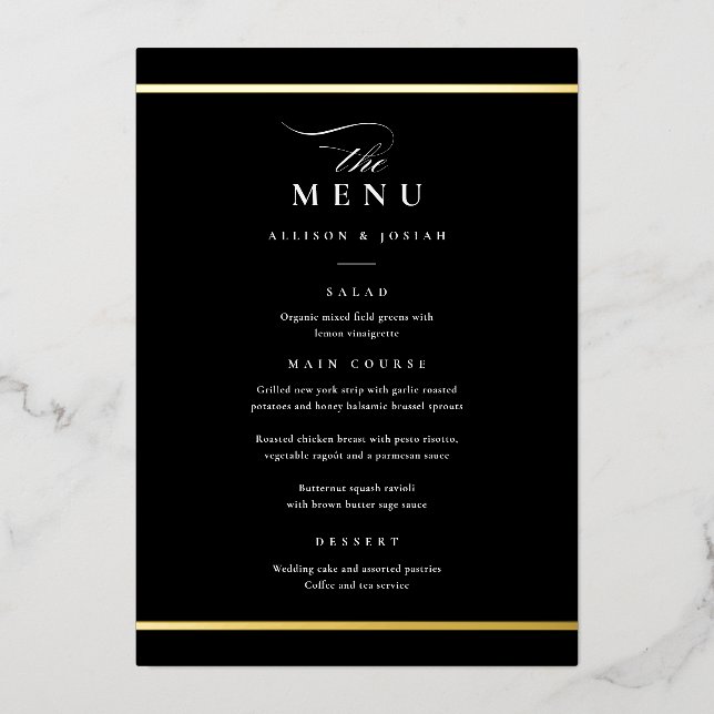 Elegant Gold Black and White Wedding Foil Menus (Front)